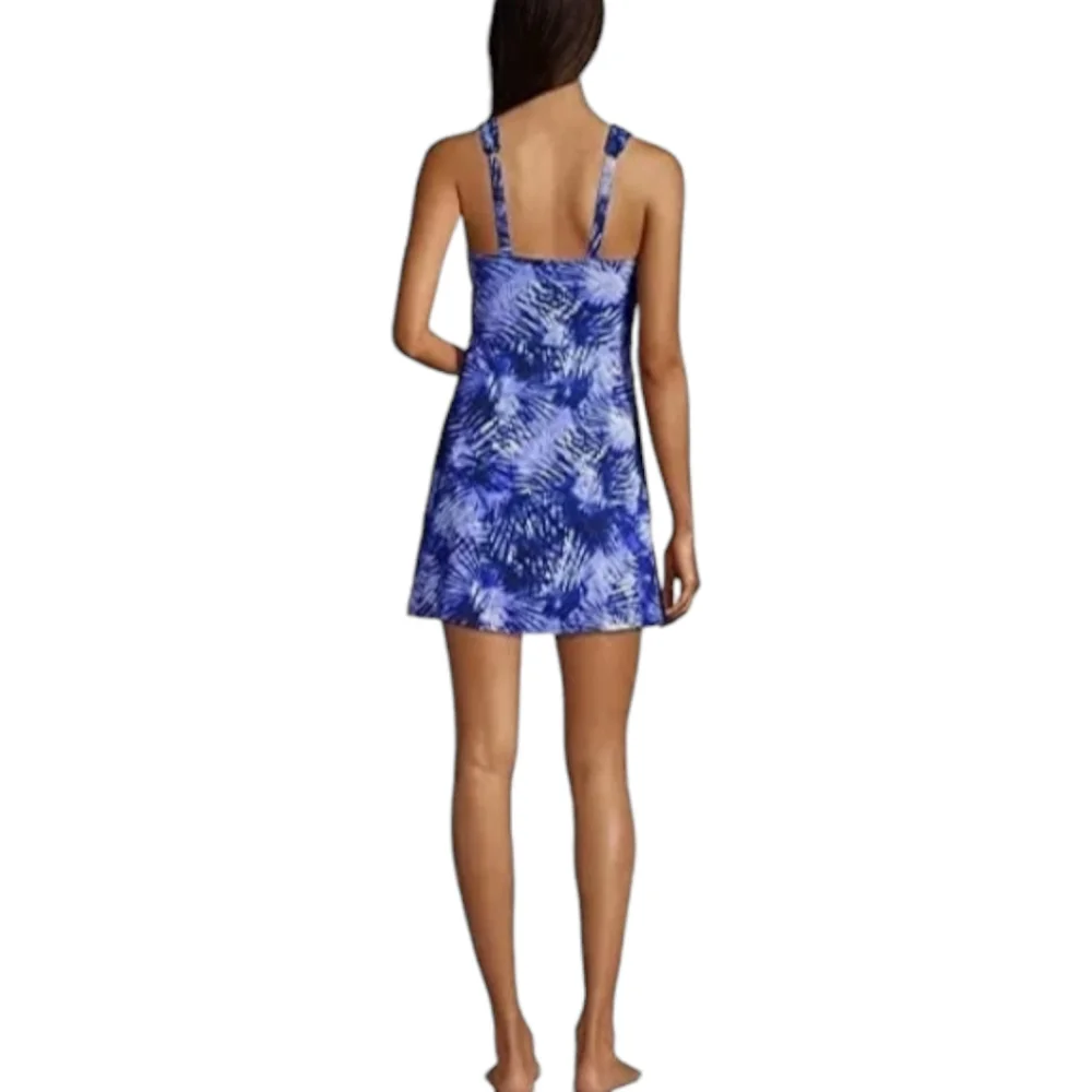 Lands End blue and white surplice swim dress 18